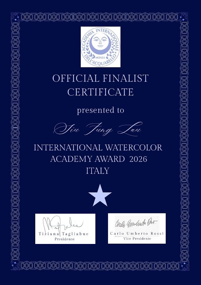Official Finalist certificate, International Watercolor Academy Award 2026, Accademia Internazionale dell'Acquarello, Italy